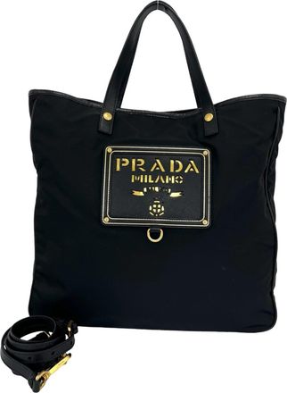 Prada Black Nylon Leather Handbag Shoulder Bag Tote Bag (Pre-Owned)