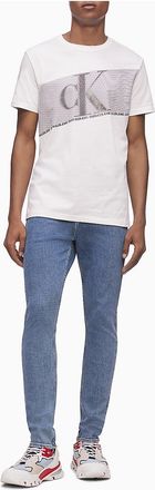 Calvin Klein Jeans Calvin Klein Mens Monogram Logo Flash Stripe Crewneck T-Shirt - White - M