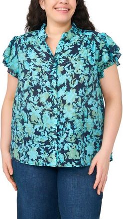 CeCe by Cynthia Steffe Floral Flutter Sleeve Placket Button-Up Shirt in Classic Navy at Nordstrom, Size 2 X