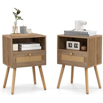 Costway Set di 2 Comodini in Rattan, Comodini con Cassetto e Gmabe in legno, 2 Pezzi Comodini in Stile Boho con Vano Aperto, Tavolino Laterale per Camera da
