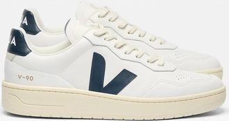 Veja Womens V-90 Leather Sneakers In Extra White Nautico