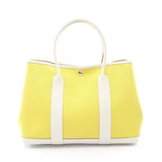 Herm&egrave;s White Yellow Canvas Handbag Tote Bag (Pre-Owned)