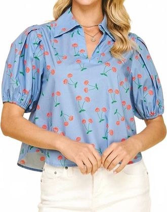 Pinch Design Cherry Print Balloon Sleeve Blouse In Blue