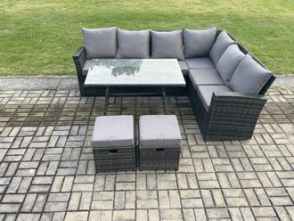 Fimous Outdoor Furniture Garden Dining Set Rattan Corner Sofa Set Rectangular Dining Table with Temper Glass 2 Small Footstools in Dark Grey