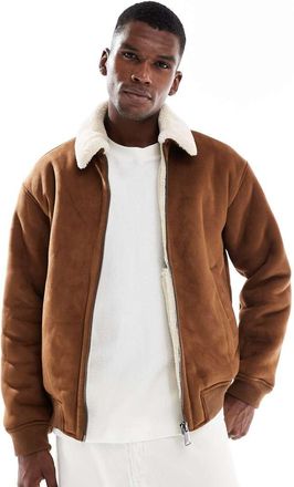 Jack & Jones Giacca bomber in camoscio sintetico color cuoio con colletto in pile borg-Neutro