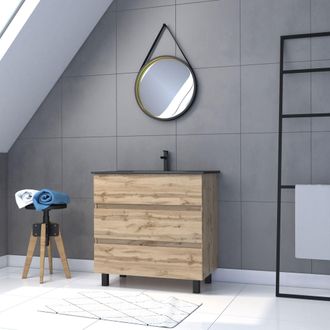Aurlane Aurlane - Mueble Ba&ntilde;o 80cm Acabado Roble - Cajones - Lavabo Negro+ Espejo Barbero- Timber 80-pack44