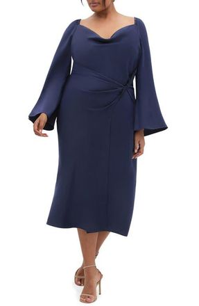 City Chic Adelina Long Sleeve Satin Midi Dress in Navy at Nordstrom