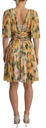 Dolce & Gabbana Yellow Floral Print Pleated Maxi Womens Dress