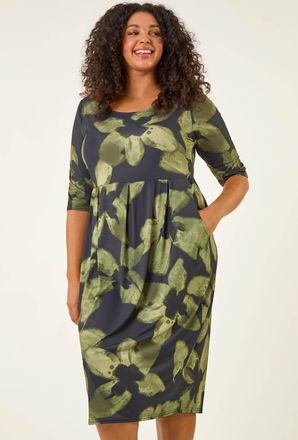 Roman Floral Print Pocket Stretch Dress