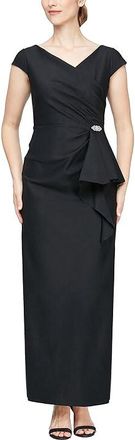 Alex Evenings Long Stretch Scuba Dress with Front Cascade Detail and Surplice Neckline with Cap Sleeves Womens Dress Black : 6