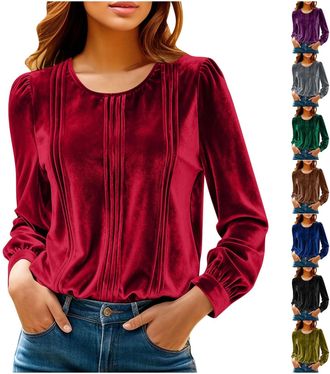 Generic Velvet Tops for Women Round Neck Long Sleeve Blouse Ladies Solid Color Ruched Jumper Christmas New Year Blouse Vintage Velour Dressy Blouses Womens Ca