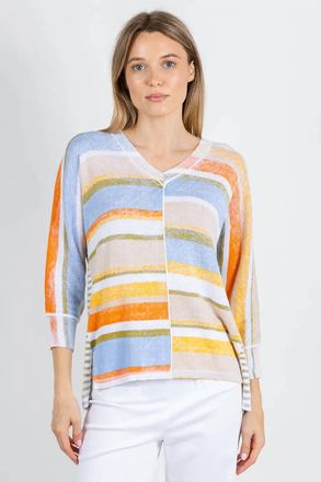 Elliott Lauren Blocked Off Painted Stripe V Neck Sweater In Sage