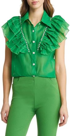 Nikki Lund Holly Rhinestone Ruffle Button-Up Blouse in Bright Green at Nordstrom, Size Small