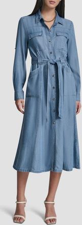 DKNY Tie Waist Roll Tab Chambray Midi Shirtdress in Stream Wash at Nordstrom, Size Xx-Small