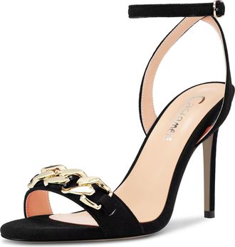 Castamere Women Stiletto High Heel Peep Open Toe Ankle Strap Metal Chain Sandals Prom Party 10 CM Heels Black 10 UK