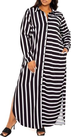 Buxom Couture Long Sleeve Button-Up Maxi Shirtdress in Black Stripe at Nordstrom, Size 1 X