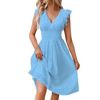 Generic Womens Dresses Ruffle Sleeveless V Neck Dress Summer Casual Vacation Beach Midi Dress Ladies Eyelet Knee Length Beach A Line Tunic Sundresses Lace Hol