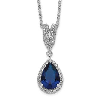 Diamond2Deal Sterling Silver Lab Created Dark Blue Spinel and Cubic Zirconia Teardrop Halo Necklace 18