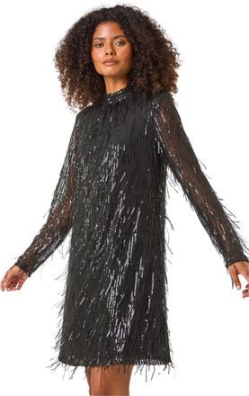 DUSK Womens All Over Fringe Shift Dress - Black - Size 12 UK