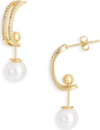 Nordstrom Rack Cubic Zirconia Faux Pearl Drop Hoop Earrings in Clear- White- Gold at Nordstrom Rack