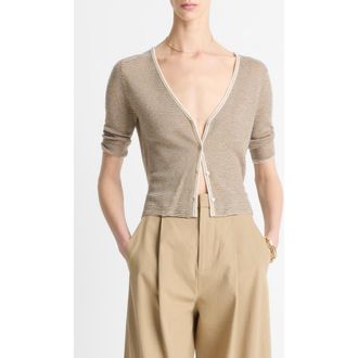 Vince Microstripe V-Neck Cashmere & Silk Cardigan in Off White/tapenade at Nordstrom Rack, Size X-Small