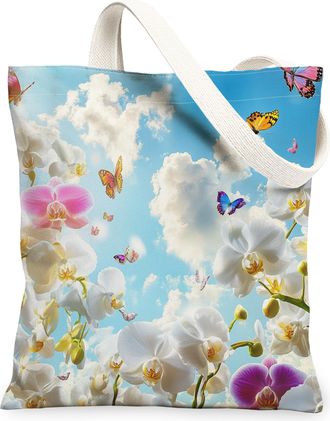 Generic Spring Orchid Flower Canvas Tote Bag for Shopping 13x15, Floral Garden Landscape Reusable Grocery Print Pattern Bag for Women Men, Butterflies Aesthet