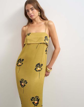 Topshop vestito maxi in raso con rever e bustino a fiori sparsi verde oliva-Giallo