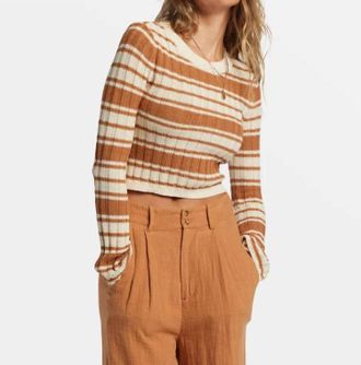 Billabong Clare Crewneck Sweater In Cream/camel Striped