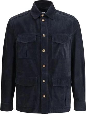 Brunello Cucinelli Su&egrave;de Leren Overhemdjas met Klepzakken - Heren - Zomerjassen - Blauw - M - Su&egrave;de - Jassen