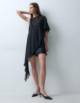 Asos abito mini in chiffon con mantellina asimmetrica-Nero