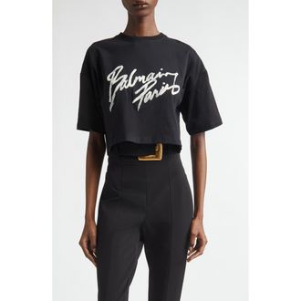 Balmain Paris Brush Print Crop T-Shirt in Black/White at Nordstrom, Size Xx-Large