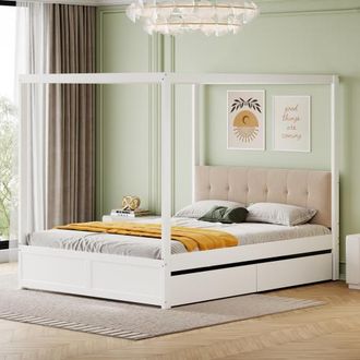OEM Letto A Baldacchino 140200 Cm Con Ampi Cassetti E Testiera Morbida, Letto In Legno Bianco