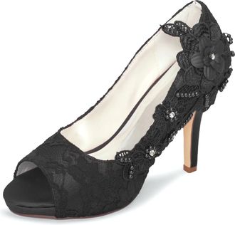 Emily Bridalwear Wedding Shoes Lace Wedding Shoes Lace Peep Toe High Heel Bridal Shoes (EU41/UK7.5, Black)