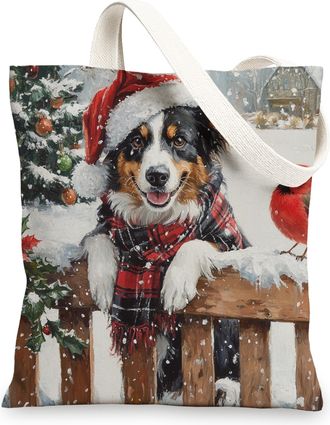 Generic Christmas Australian Shepherd Dog Canvas Tote Bag for Shopping 13x15, Xmas Farm Cardinal Puppy Reusable Grocery Print Bag for Women, Holiday Pet Beach