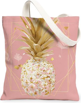 Generic Pineapple Floral Canvas Tote Bags, Artistic Fruit Design Reusable Grocery Bags, Summer Lightweight Washable Shoulder Strap, Peach, 13x15 Inch