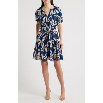 Julia Jordan Puff Sleeve Tie Belt Minidress in Blue Multi at Nordstrom, Size Xx-Large
