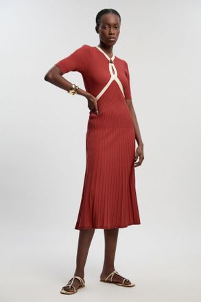 Karen Millen Womens Rib Knit Trim Detail Full Skirt Short Sleeve Midi Dress - Rust Polyamide - Size X-Small