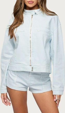Edikted Myah Pinstripe Moto Jacket in White-And-Blue at Nordstrom, Size X-Large