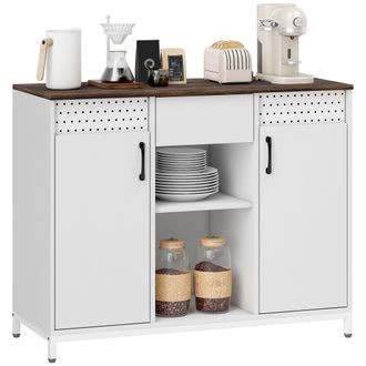 OEM Aparador Para Sal&oacute;n Con 2 Puertas Con Orificios Caj&oacute;n Compartimentos Abiertos Estantes Ajustables 100x40x80 Cm Blanco