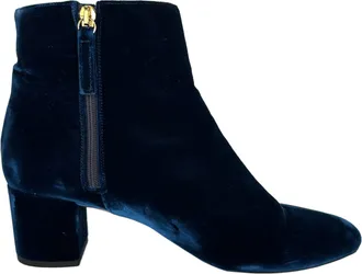 Aquazzura Baroque Block-Heel Ankle Boots in Navy Blue Velvet