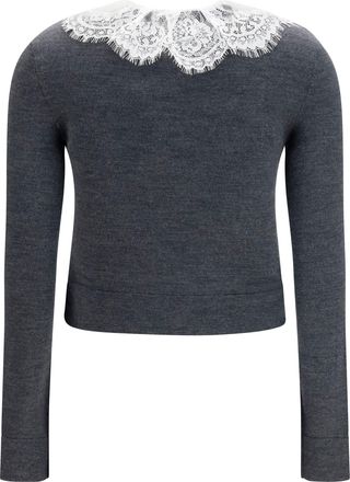 Self Portrait Womens Knit Cardigan With Lace Collar Grey Merino Wool Ovis Aries Sweater