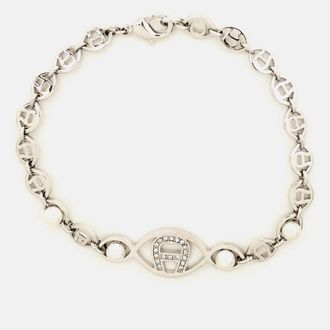 Aigner Logo Crystal Faux Pearl Silver Tone Bracelet