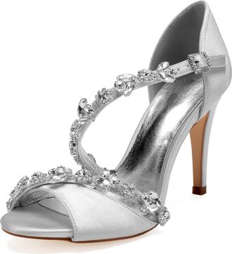 Generic Wedding Bridal Shoes Womens Heels Ankle Strap High Heels Heeled Open Toe Satin Bridal Stiletto Sandals 10.5Cm,Silver,3 UK