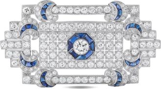 Luxury Bazaar platinum rectangle diamond and sapphire brooch - Zilver