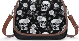 Generic Skulls And Roses Black White Small Womens Crossbody Bags Shoulder Handbag with Adjustable Strap for Travel