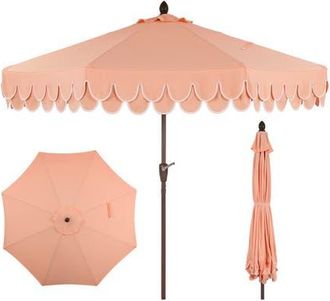 Jonathan Y Designs Tracy 9 ft. Classic MidCentury Scalloped Fringe Market Patio Umbrella with Auto-Tilt, Crank, Wind Vent and UV Protection in Coral Pink at