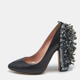 Rochas Black Leather Crystal Embellished Block Heel Pumps