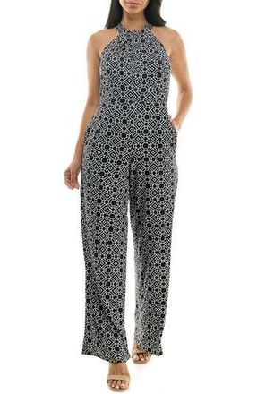 Nina Leonard Twisted Halter Neck Jumpsuit in Black/White at Nordstrom Rack, Size X-Large
