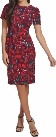 Calvin Klein Floral Short-Sleeve Sheath Dress In Burgundy