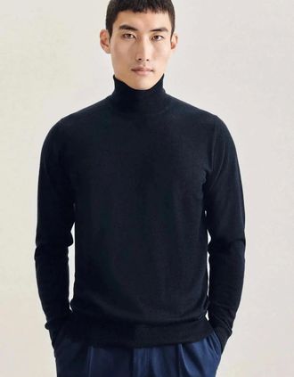 Seidensticker Seidensticker Mens Merino Wool Roll Neck Knit Dark Blue - Size: 44